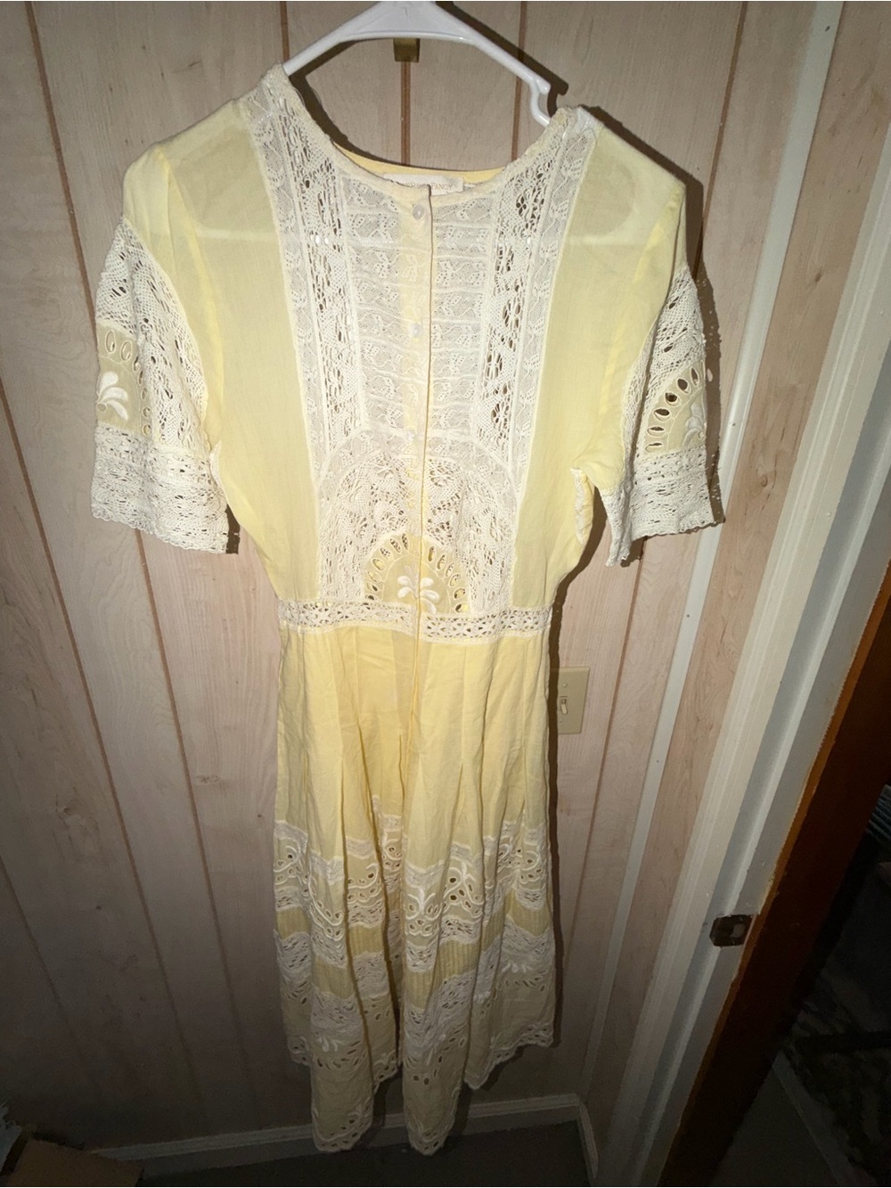 LoveShackFancy Pale Yellow Midi Dress with White Crochet